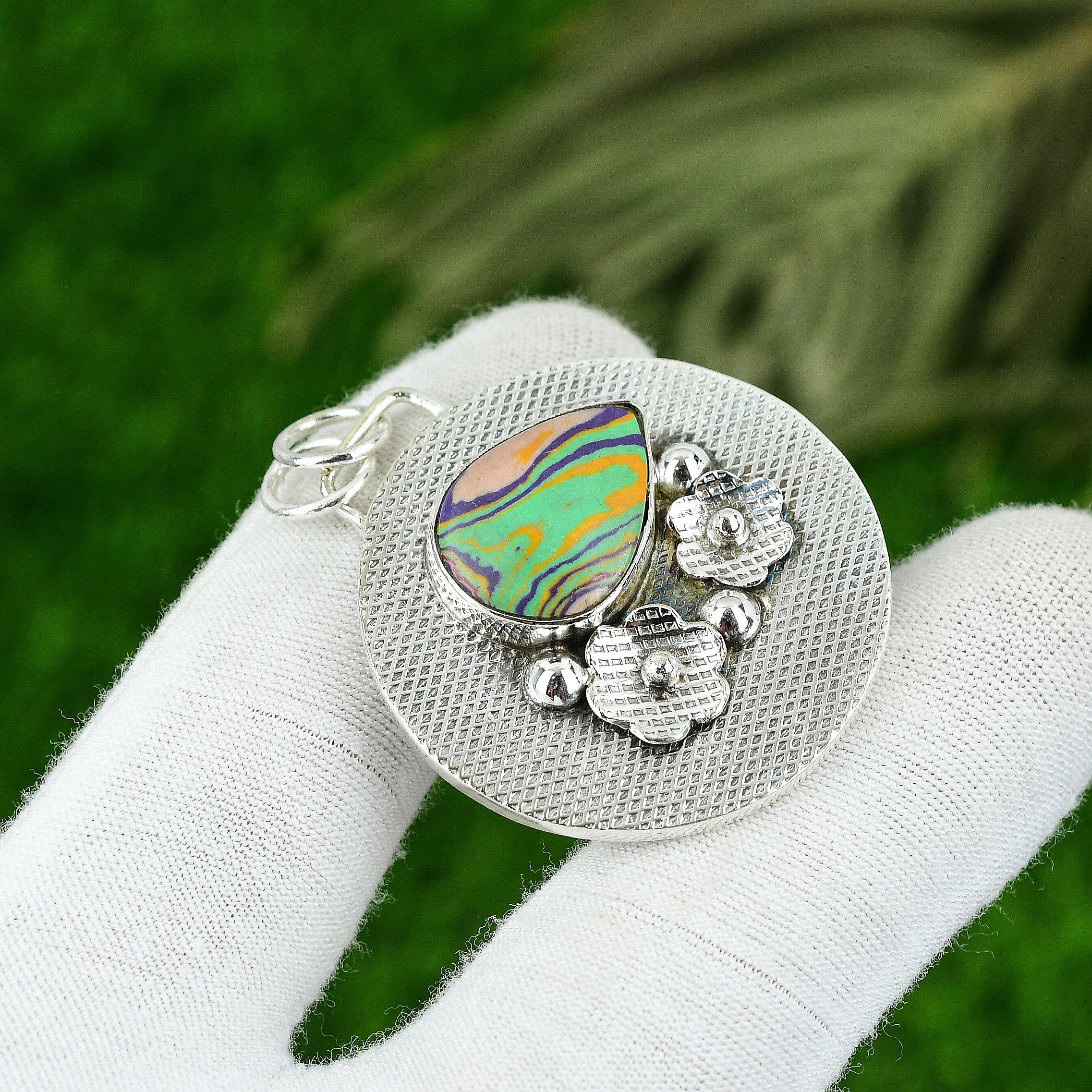 

Anniversary Gift For Her Natural Rainbow Calsilica Gemstone Pendant 925 Silver