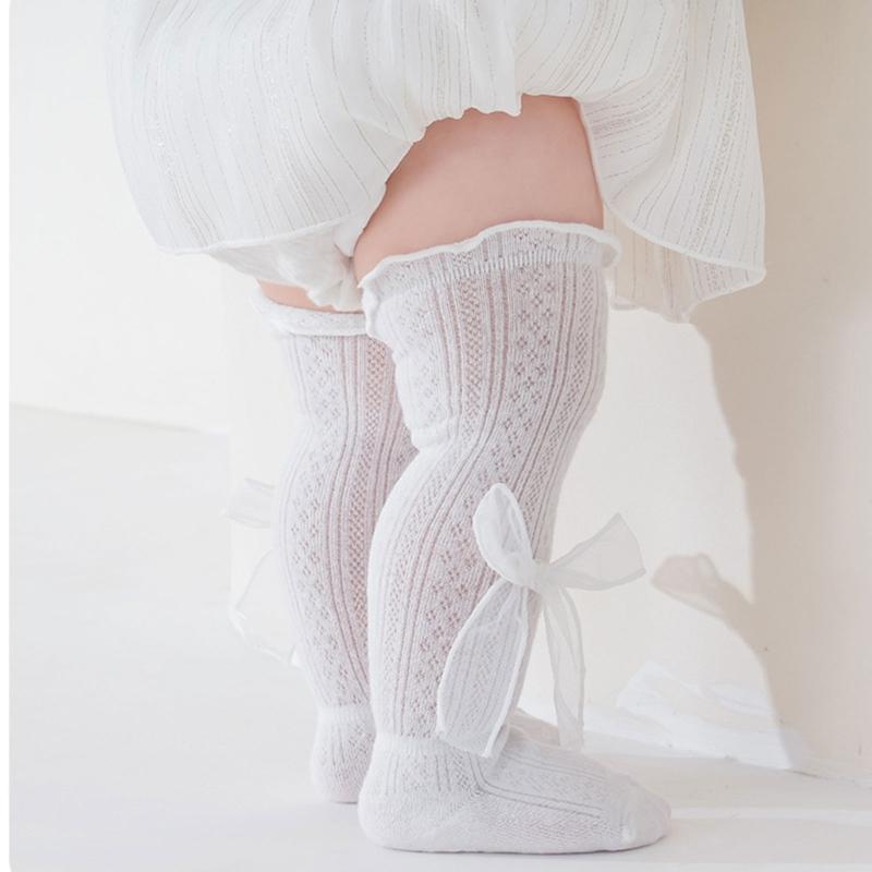 Kids Lace Pattern Over Knee Stockings Soft Combed Cotton Summer Thin Style Beige Color For Daily Wear