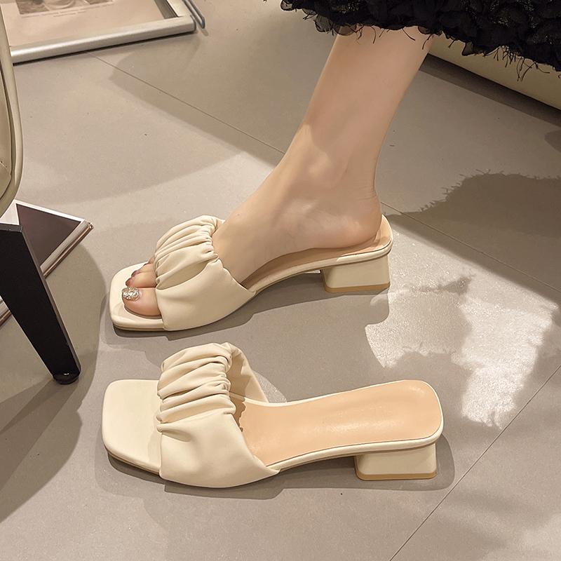 Fashion Summer New Sexy Square Head Pleated Simple Versatile Large Slippers for Women Comfortable High Heels for Women's