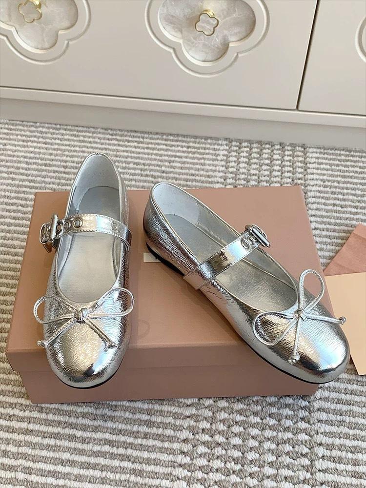 Sheepskin version~ French design belt buckle flat bottom shallow mouth single shoes women's bow round head Mary Jane shoes women's shoes