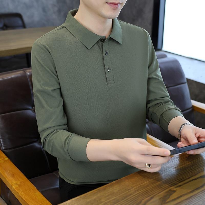 Men Solid White Lapel Long Sleeve Polo Shirt Button Collar Business Casual Top