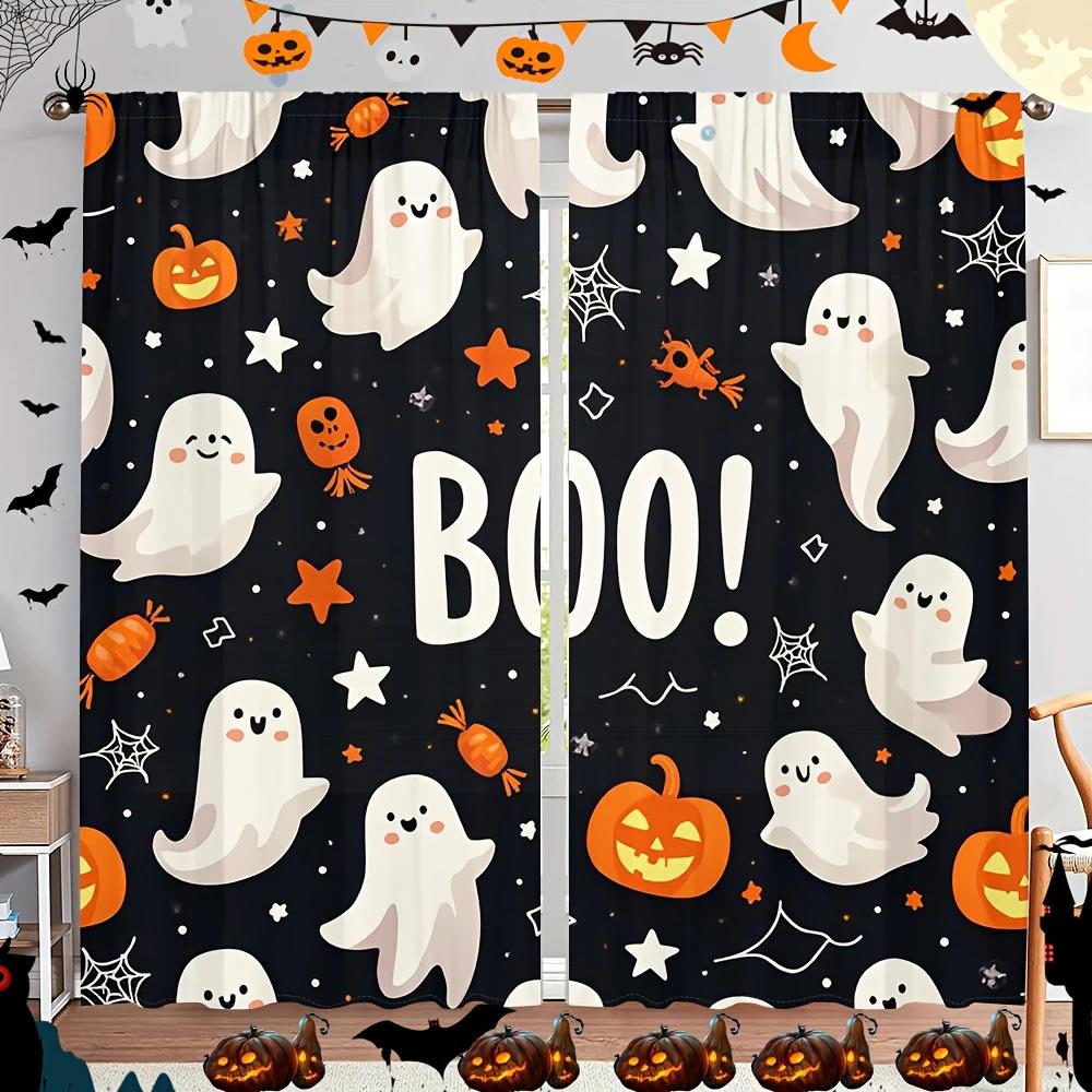 2pcs- Halloween Fun pumpkin print High Quality curtains, pole bag home decoration, room area decoration Durable Material