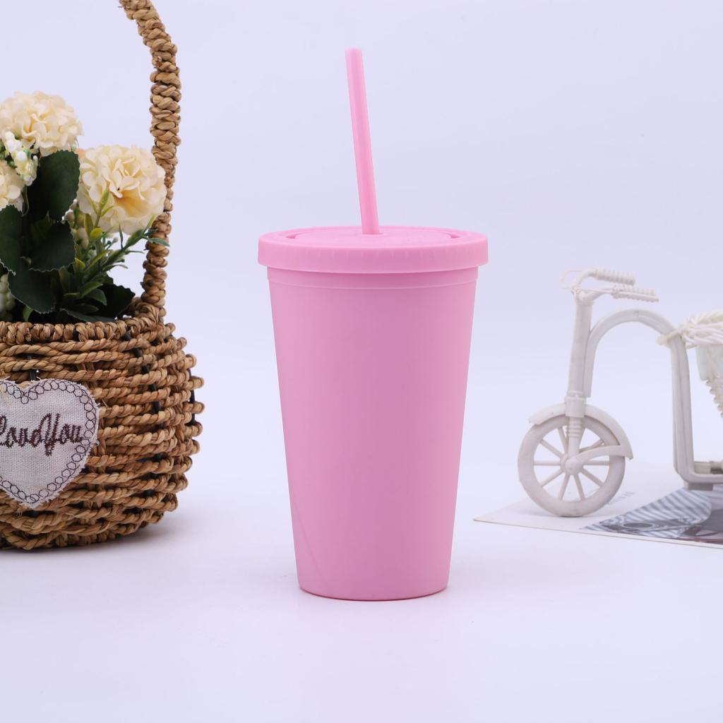 16/24 oz doppelwandiger Plastikbecher mit Strohhalm, Kaffeebecher, gefrosteter Plastikbecher, handlicher Wasserbecher, leicht zu tragen, Strohhalm, Wasserkocher, Sportflasche