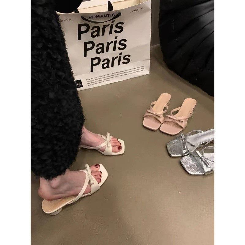 One-word Sandals Women's 2025 Summer New Bow Thin Strap Thick Heel Medium Heel Sweet Gentle Wind with Skirt Slippers