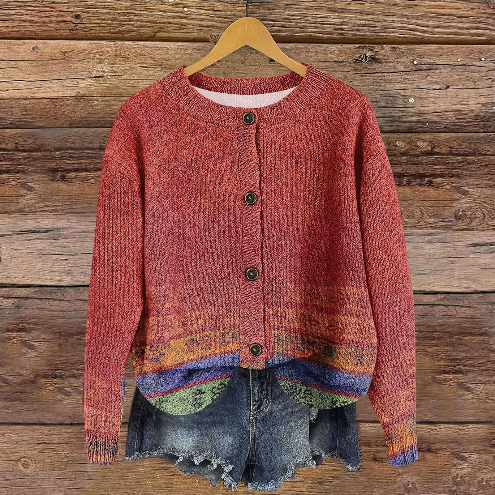 

Женский винтажный вязаный кардиган на пуговицах с ретро геометрическим принтом S красный