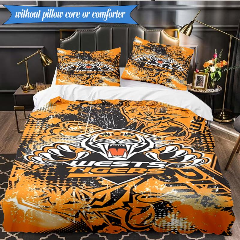 3PCS Wests Tigers Roar Strength And Pride Bedding Set 2D Printing (Includes 1 Duvet Cover + 2 Pillowcases Coreless), Bedroom decor,Fan gift