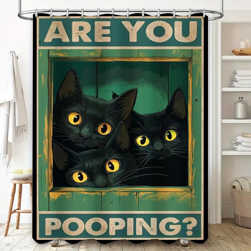 Are You Pooping? Shower Curtain Featuring Three Black Cats Peeking Out From A Window Bathroom Decor Item With Punny Humor For Ca
