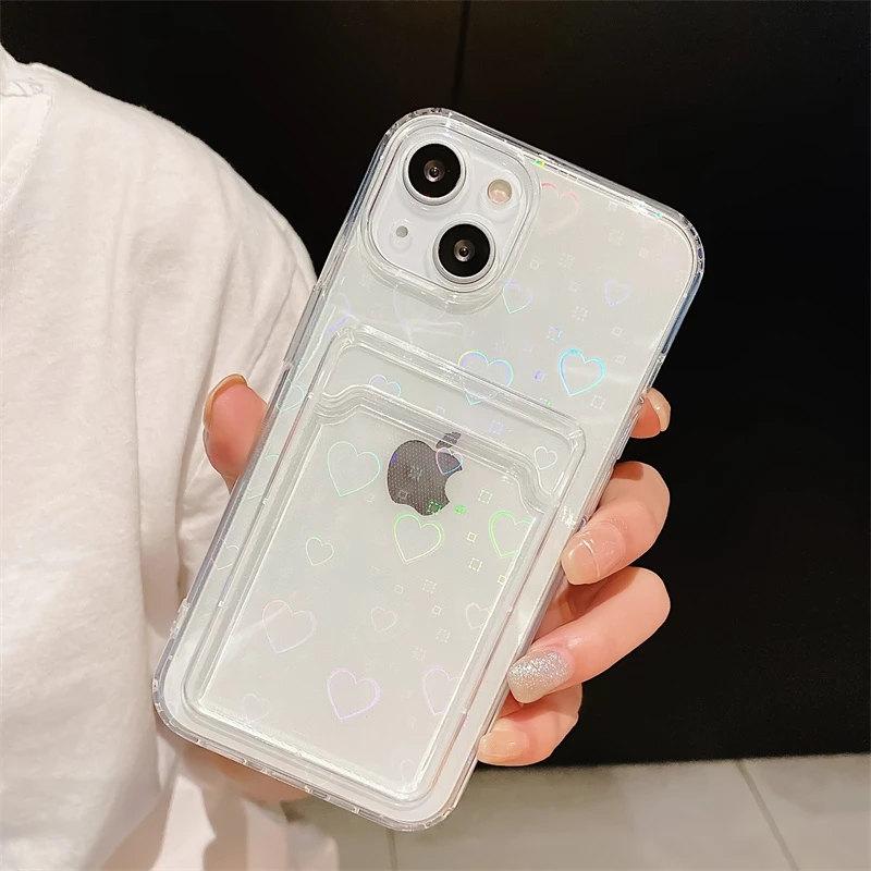 Transparentní Gradient Laser Love Heart Wallet Card Bag Pouzdro na telefon pro iPhone 13 12 11 Pro Max X XR XS 7 8 6 Plus SE 2020 nárazník