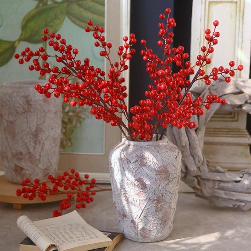 Artificial Red Berry with Stem 6 Branches Holly Berries Simulation Fake Flower