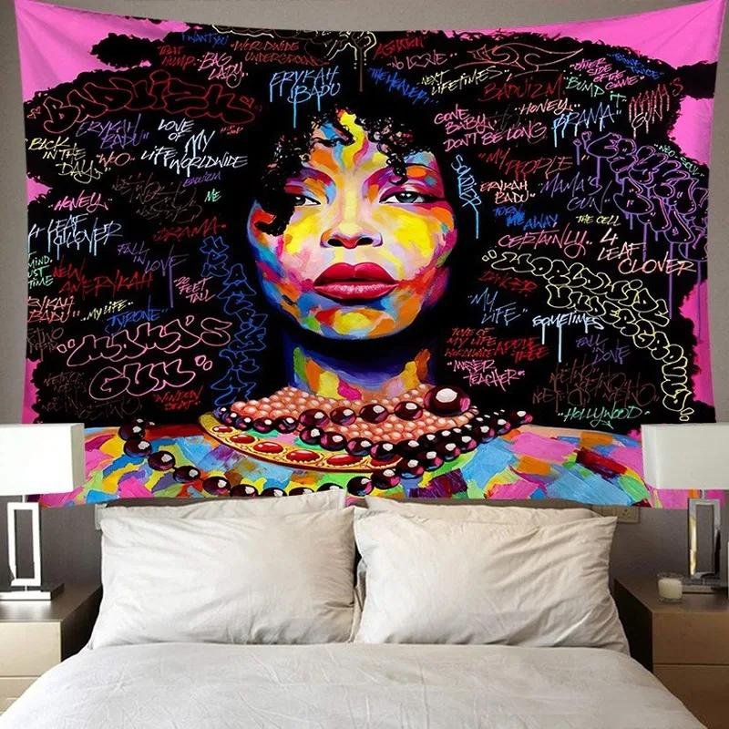 Tapestry Afro Red Hair African Women Blowing Bubbles Galaxy Black Starry Sky Background Art Print Fabric Mandala Hippie Tapestry