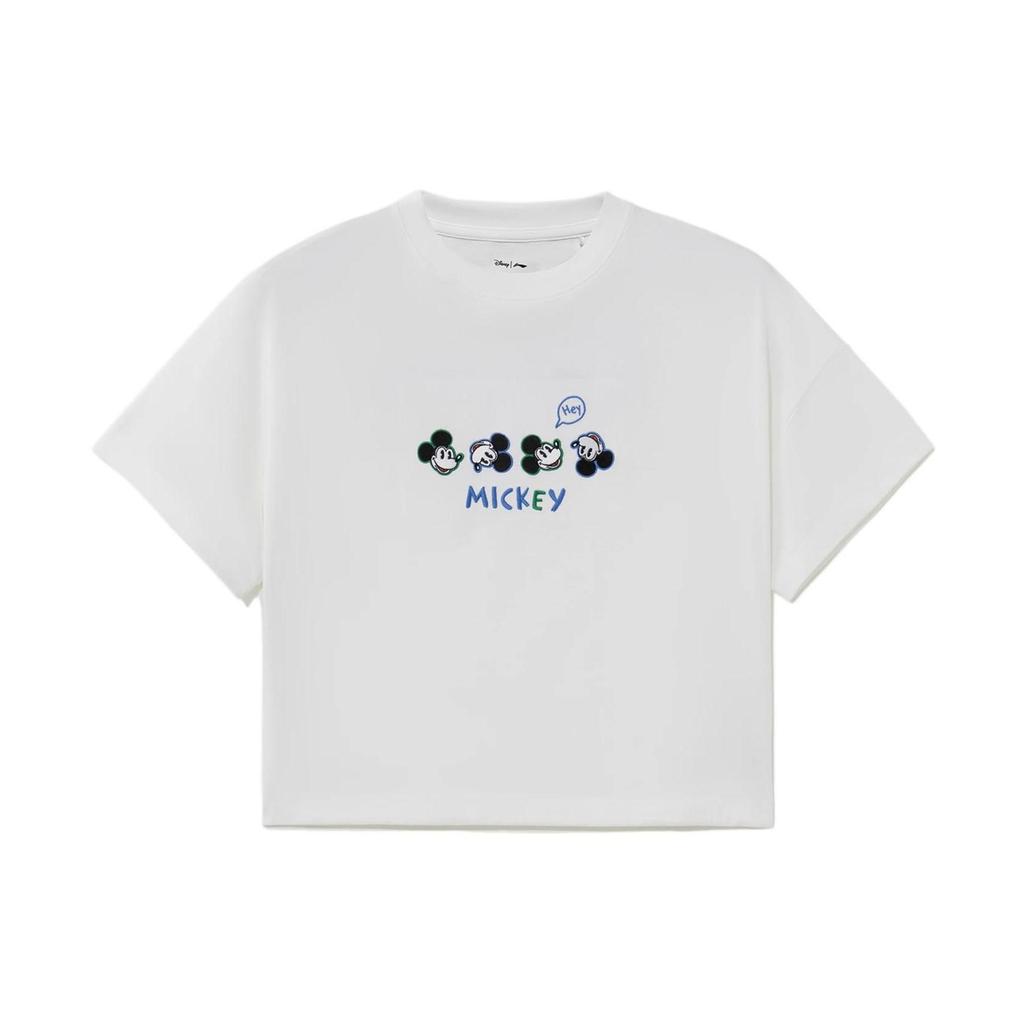 Li Ning X Disney Collaboration Sports Lifestyle Series Mickey Print Crew Neck Pullover Short Sleeve T-Shirt Women Tops White AHSS876-1
