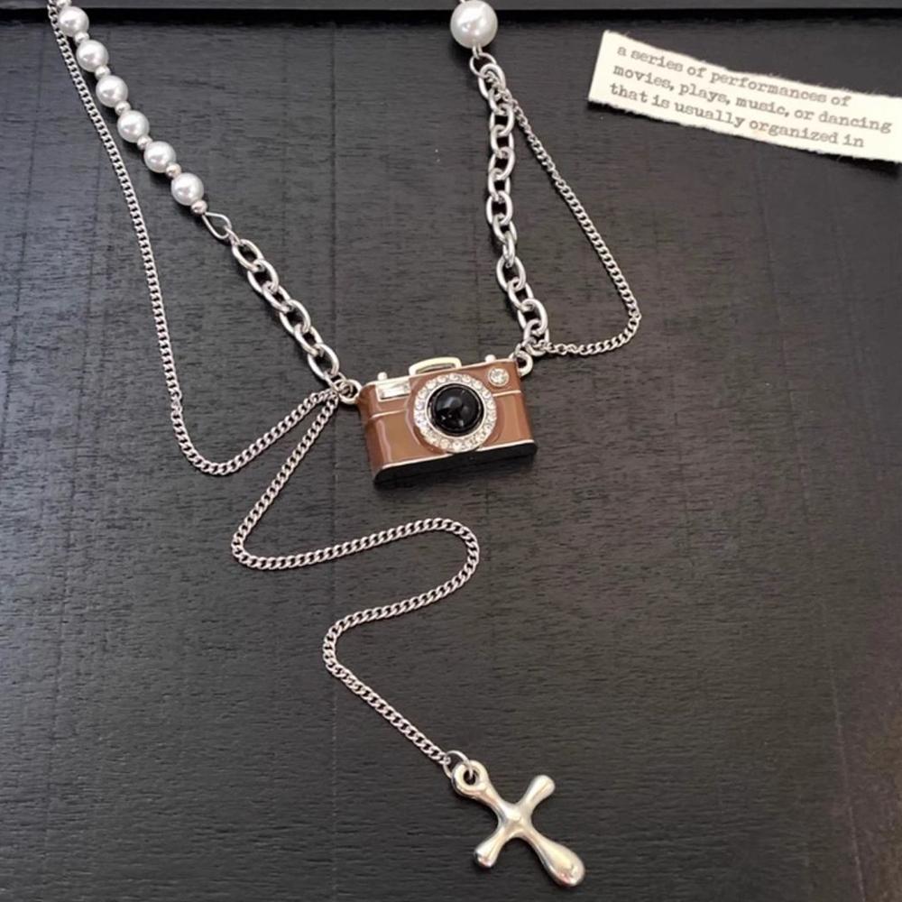 Vintage Braune Kamera Anhänger Halskette Retro Khaki Luxus Stil Lange Kette Halskette Einzigartige Hip-Hop Mode Accessoires