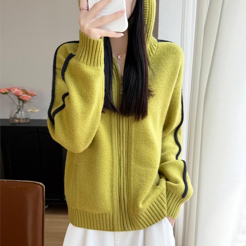 2026 A/W Women's Pure Wool Hooded Zip Cardigan - Thick Seven-Stitch Color Block Sweater