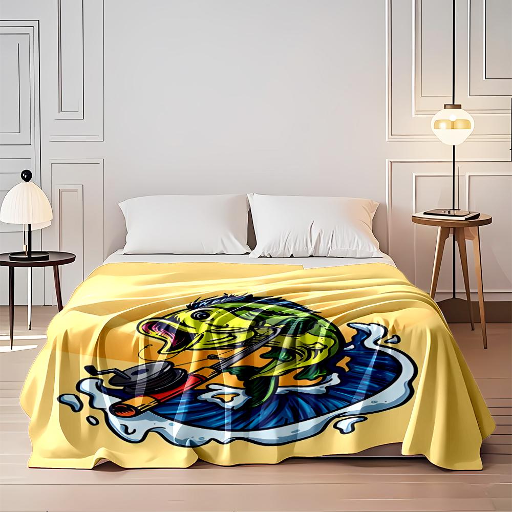 Colorful Cartoon Bass Fish with Fishing Rod Flannel Blanket for Bedroom, Living Room, Sofa, and Nap Sofas