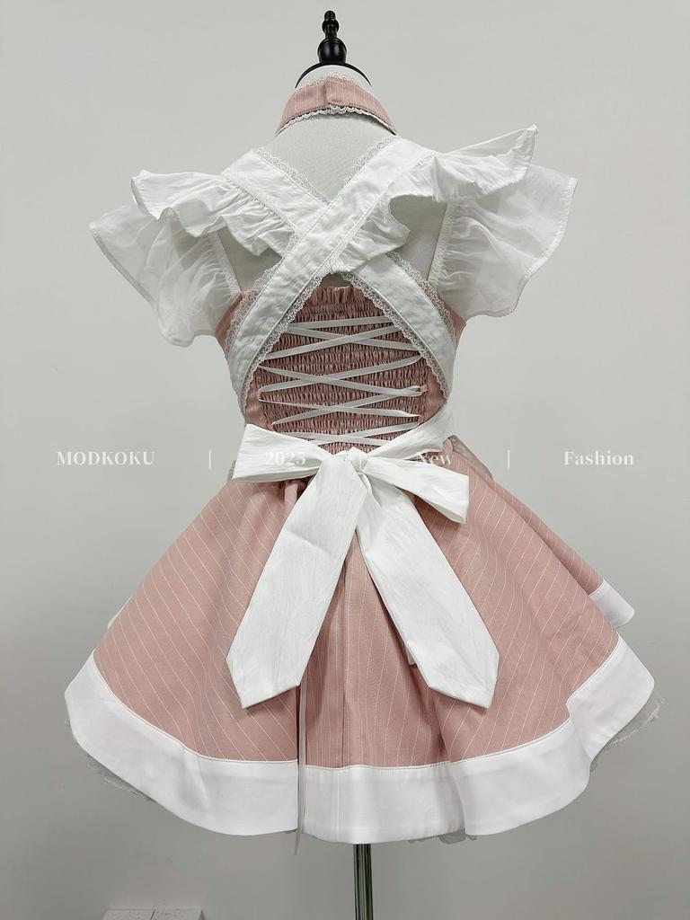 MODKOKU Maid Outfit Mini Maid Gothic Idol Winter Size 6-Piece Set, Women's, Gothic, Subculture, Y2K, Striped, Lolita, Ruffle, Lace, Ribbon, Outfit,