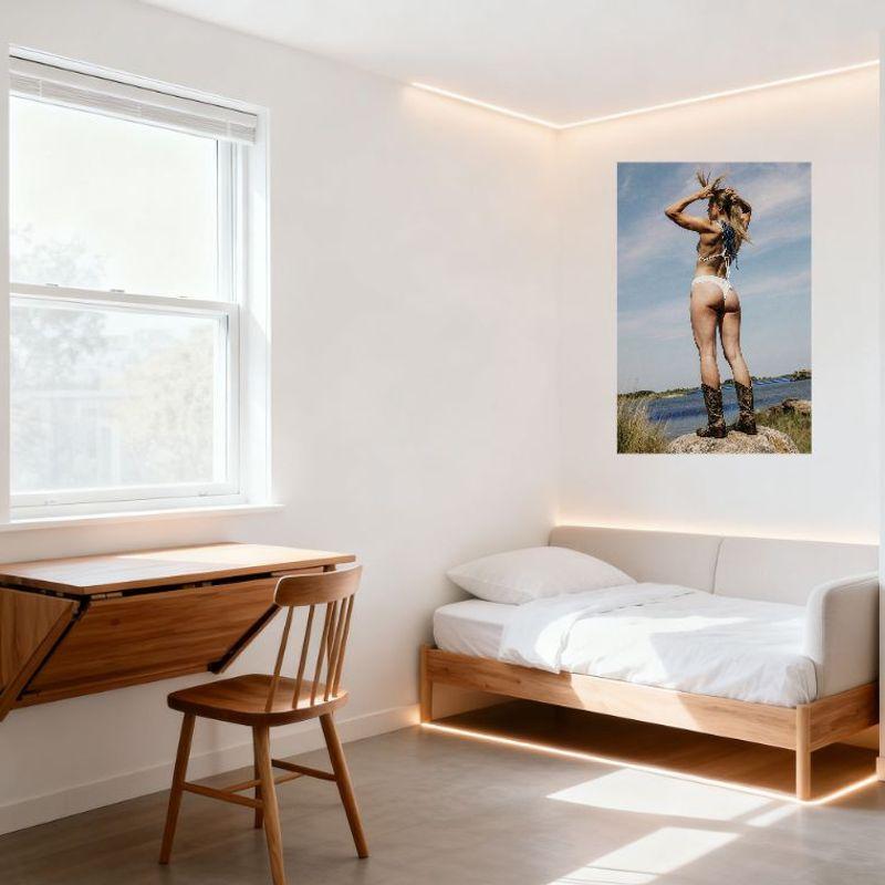 Sexy Woman on Rock Waterfront Tin Sign Vintage Metal Poster for Bar Pub Home Wall Decor with Beach Cowboy Boots Toned Glutes Sce