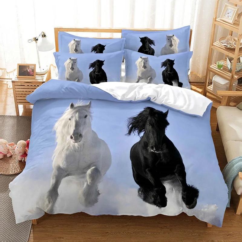 Horse Pattern 3D Digital Printing Three-piece Set, Polished Duvet Set, Animal Single Bedding