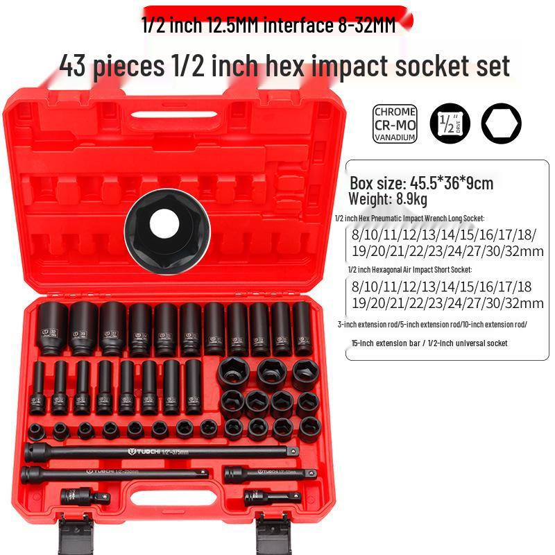 43-Piece 1/2  Plum Blossom Air Cannon Electric Wrench Set - Includes Hex Short & Long Handle Sockets