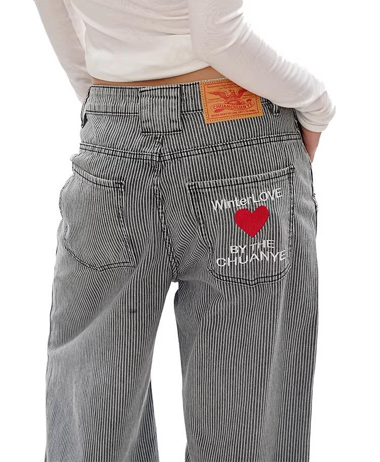 Women s Retro Stripe Heart Embroidery Wide-Leg Jeans Small