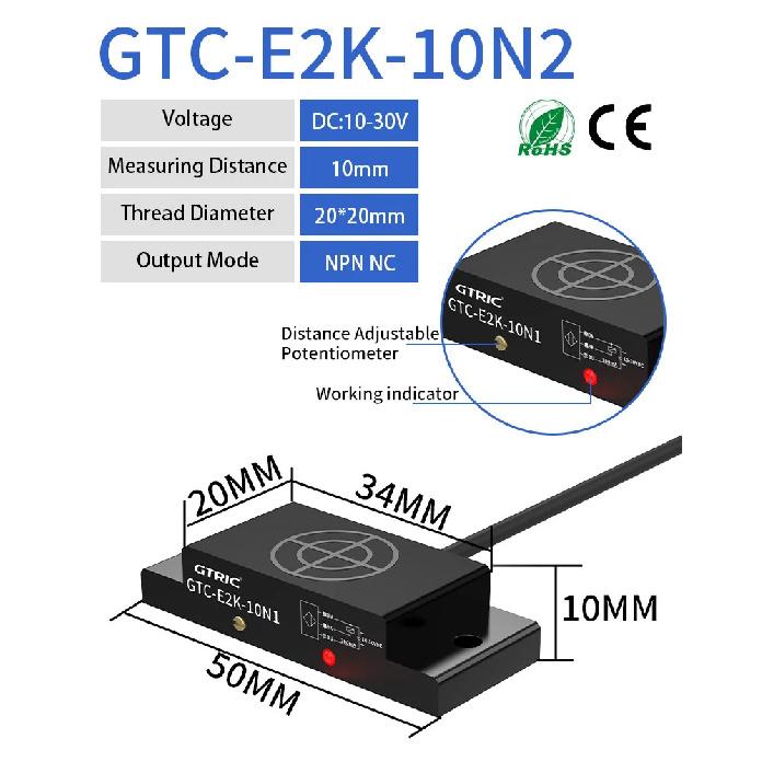 GTRIC E2K Series Proximity Sensor Matrix Capacitive Switch 10-30V DC 3-wire NPN PNP Sensing Distance 10mm Adjustable