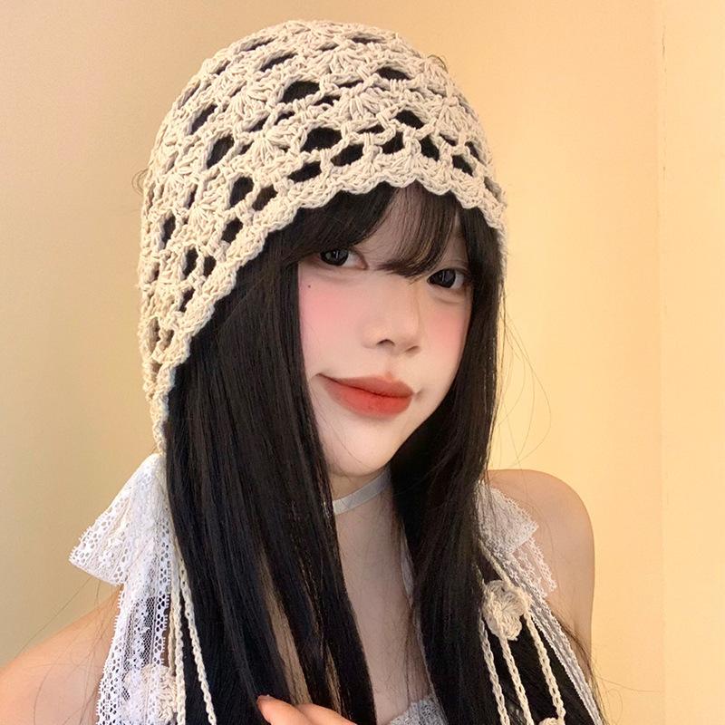 Ethnic Style Hollow Lace Fringed Bag Head Hat Women'S Spring And Summer Thin Knitted Pullover Hat Retro Literary And Artistic Show Small Face