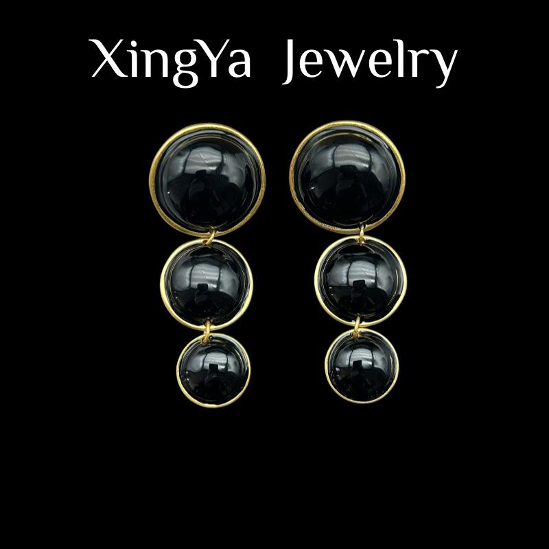 Electroplated Genuine Gold Black Contrasting Colors Dripping Oil Round Temperament Versatile Earrings Daily Use Simple High-end