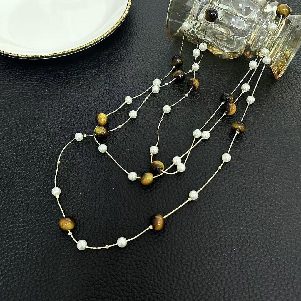Fashion Retro Maillard Tiger's Eye Stone Pearl Multi-layer Fold Wear Necklace for Women Long Sweater Chain Jewelry Accessories