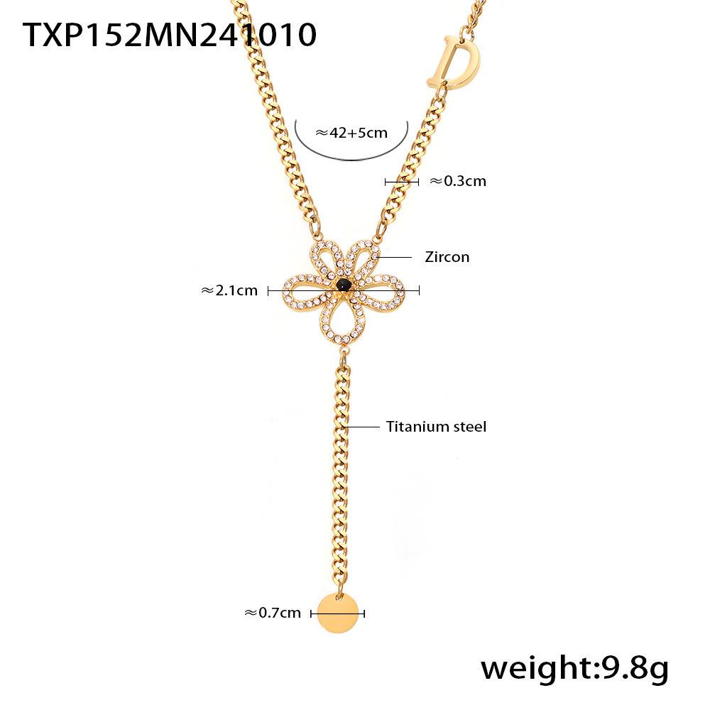 Women's European American Flower Zircon Earrings Necklace Jewelry Set Titanium Steel Plated 18k Gold Color Earrings