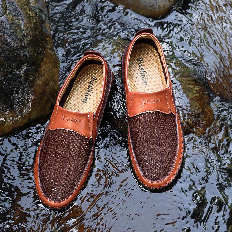 Men's Breathable Mesh Slip-on Sandals - Soft Sole Leather Dad Shoes, Size 50, Large and Comfortable.