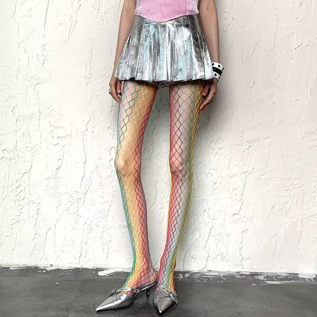 Sexy fashion RAINBOW grid women high waist stocking fishnet club tights panty knitting net pantyhose trouser mesh lingerie