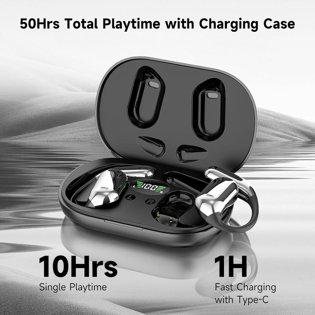 Open Ear Bluetooth 5.4 Headphones, Wireless Earbuds Sport Over Earphones with Ear Hooks 50H Playtime Ear Buds LED Display Charging Case, Waterproof
