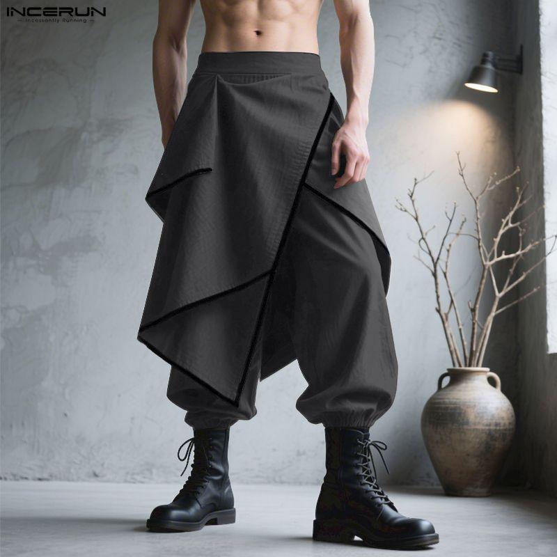 INCERUN Men Back Elastic Waist Ruffled Layers Casual Long Harem Pants Trousers