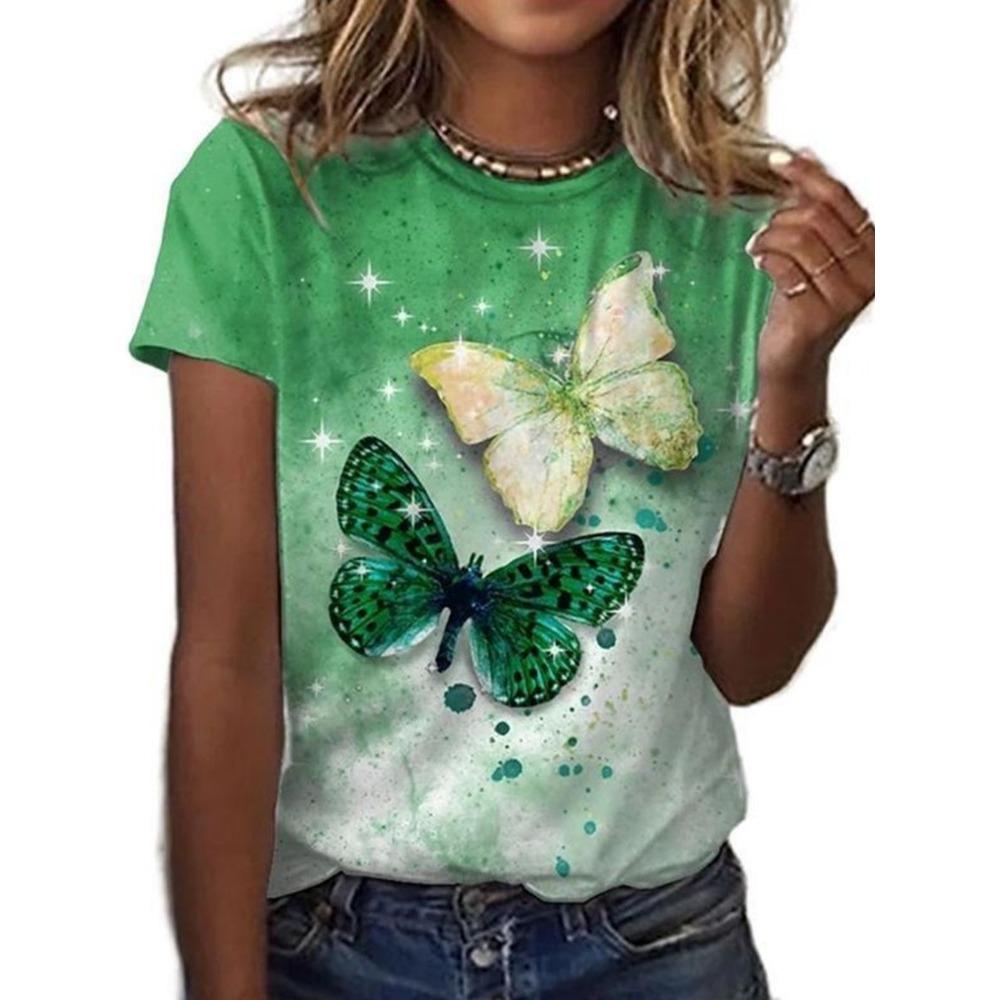 

Butterfly print round neck T-shirt, spring and summer casual short sleeved T-shirt, women s clothing 6XL
