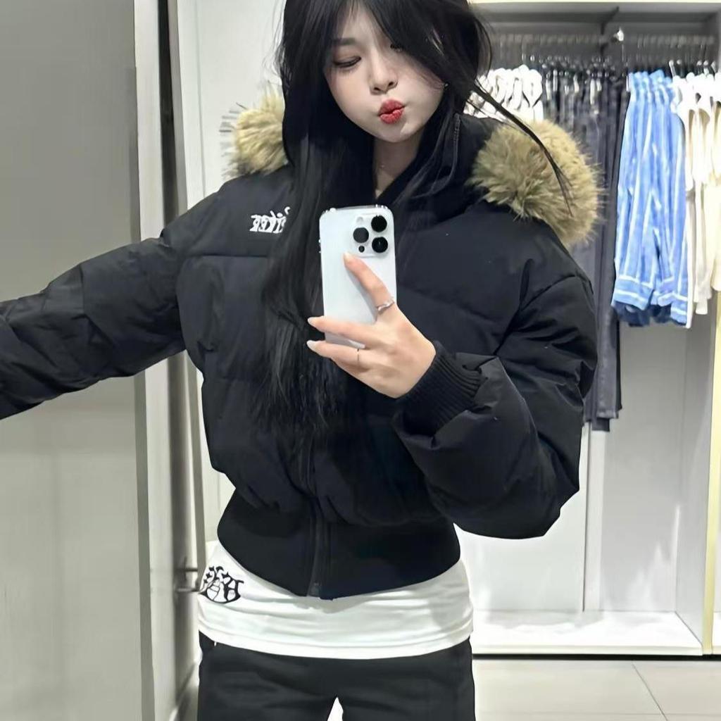 American short black big fur collar hooded cotton clothes women's thin waist cotton-padded clothes advanced new winter coat