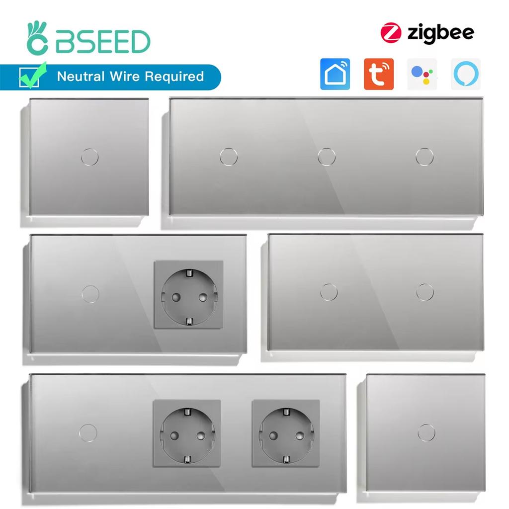 BSEED Zigbee 1/2/3Gang Touch Smart Switches 1/2/3Way Tuya Smart Life App Control With EU Wall Sockets Outlets Gray Series