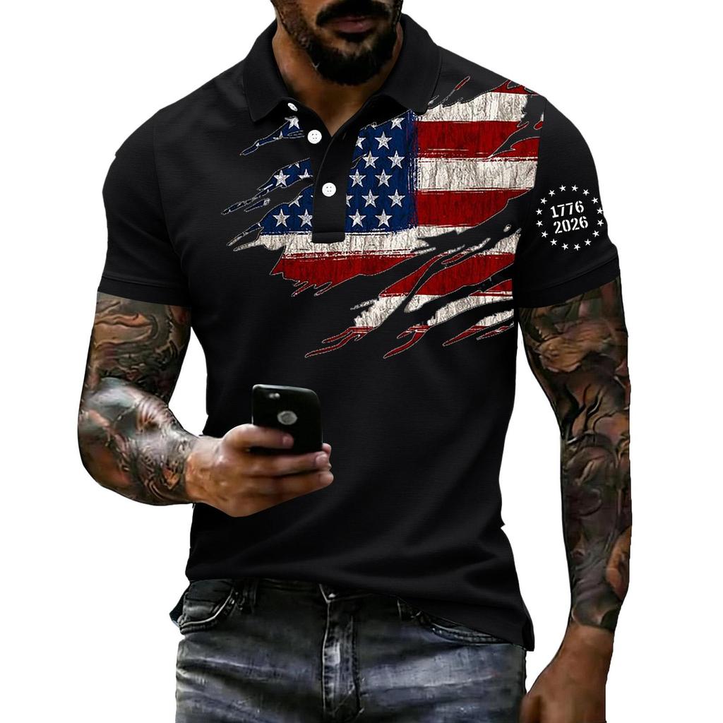 Men Loose Fit Casual Polo Shirt Short Sleeve with Flag Print Lapel Collar Comfortable Breathable Fabric