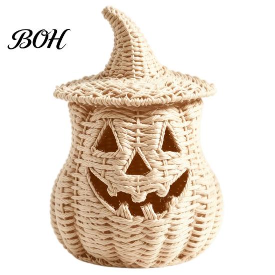 Halloween Mantel Decoratie Pompoen Lantaarn Tafelblad Decor, Geweven Heksenhoed Snoepschaal & LED Prop, Gotisch Herfst Centerpiece voor Huisplank (Elektronisch