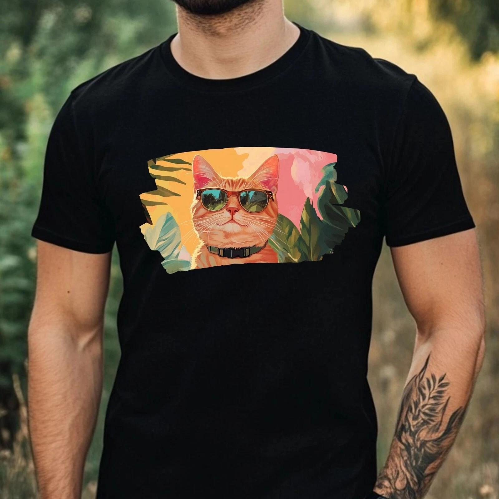 T-Shirt Herren Katze mit Sonnenbrille Motiv Baumwolle Größe XS bis 5XL L