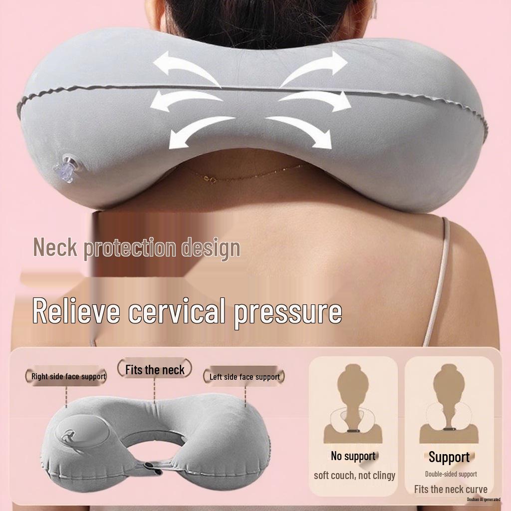 Inflatable U-Shaped Travel Neck and Back Support Pillow for Airplane & Train