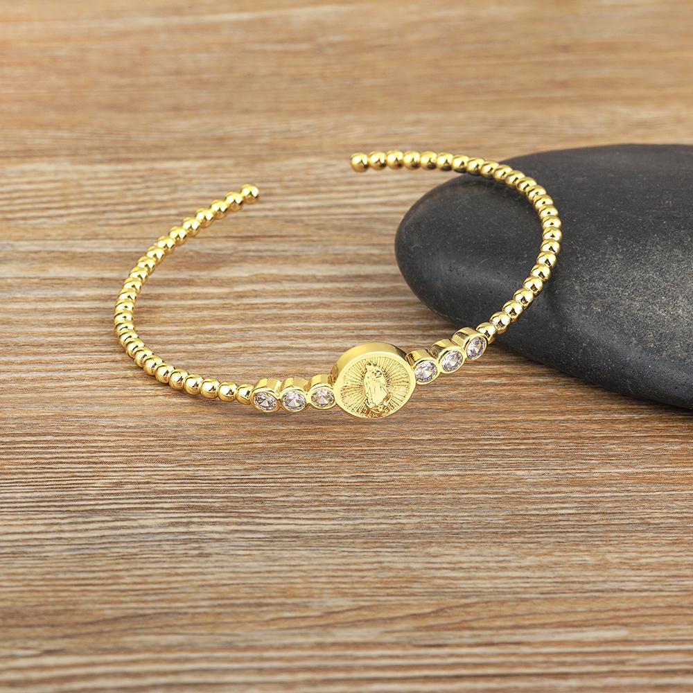 Nidin High Quality Gold Plated Virgin Mary Bangle Open Adjustable For Women Copper CZ Crystal Bracelet Religious Jewelry Gifts