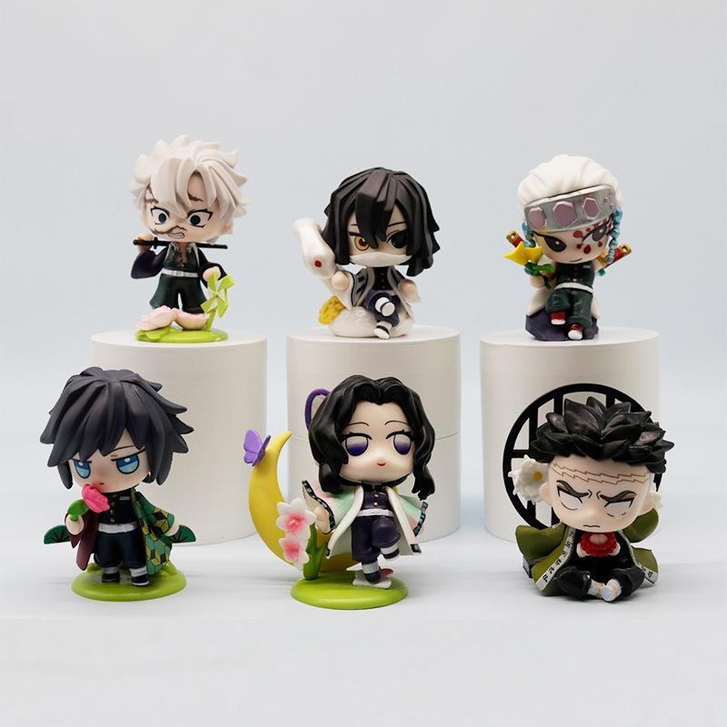 6-piece Set of Cute Demon Slayer Figures, Birth Flower 9 Cm Anime Characters Nezuko and Tanjiro PVC Movable Desktop Ornaments