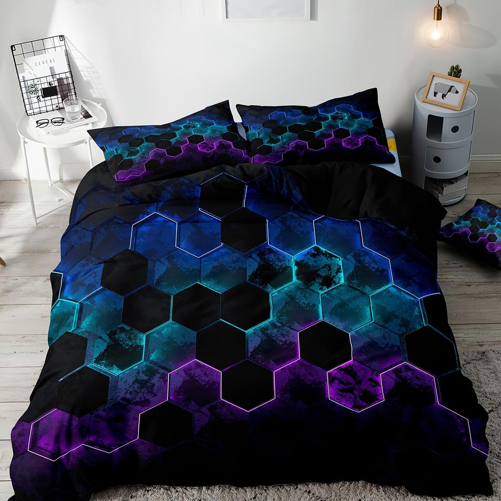 Soft & Cozy Blue Honeycomb Mechanical Style Duvet Cover Set - Washable Polyester, Stain-Resistant Magical Gifts