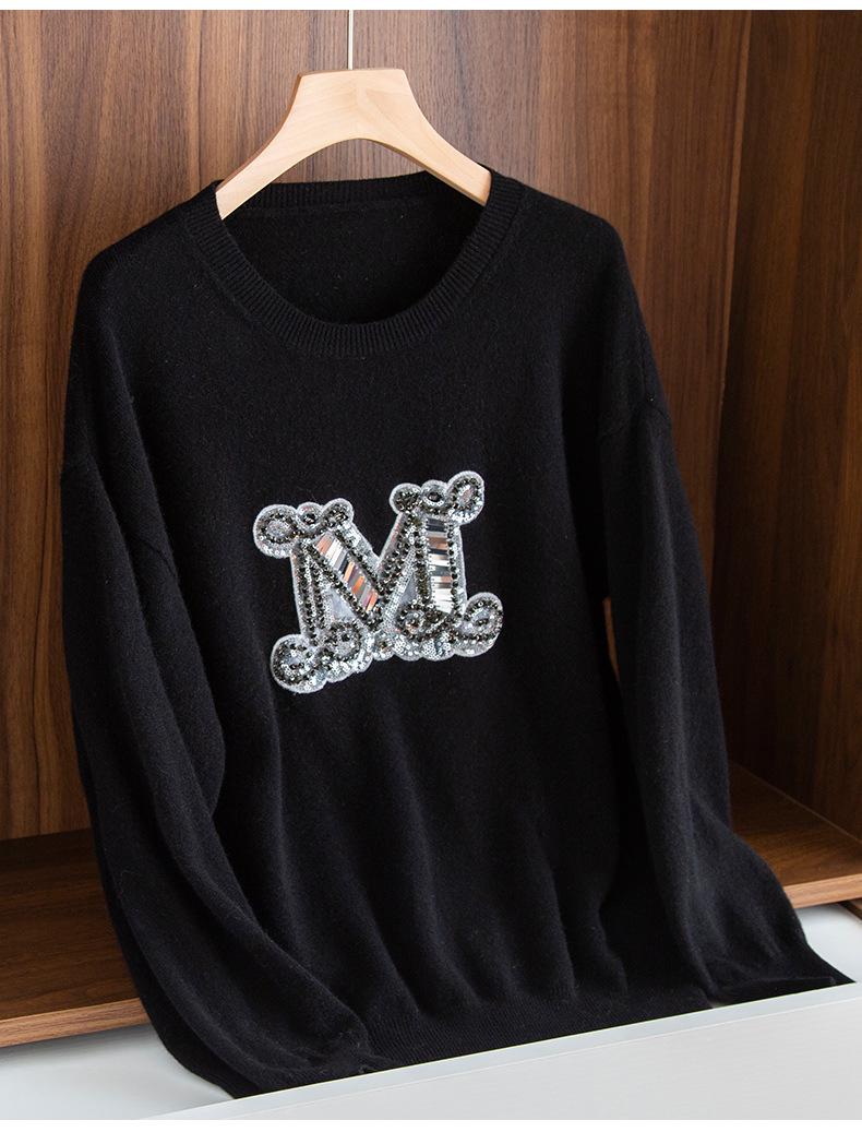 

Женский шерстяной свитер с круглым вырезом и стразой M - Пуловер свободной вязки для осени/зимы XL чёрный