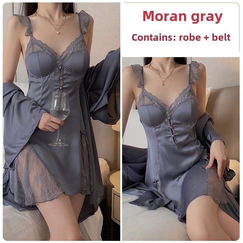 Satin Splicing Lace Perspective Sexy Deep V Plus Chest Pad Suspender Nightdress Robe Home Set