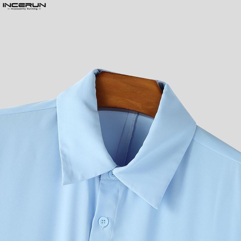 INCERUN Men Lapel Neck Long Sleeve Button Up Casual Long Shirts Tops