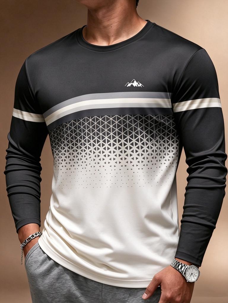 2026 Einfaches Herren-Streifen-Gradient-T-Shirt Herbst Outdoor Mode Langarm-Oberteile Übergroße Langarm-T-Shirts Herrenbekleidung