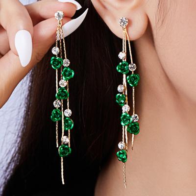 Temperamental Woman 2025 Trendy Multicolour Rose Flower Earrings Alloy Rhinestone Long Tassel Elegant Eardrop Party Jewelry Gift