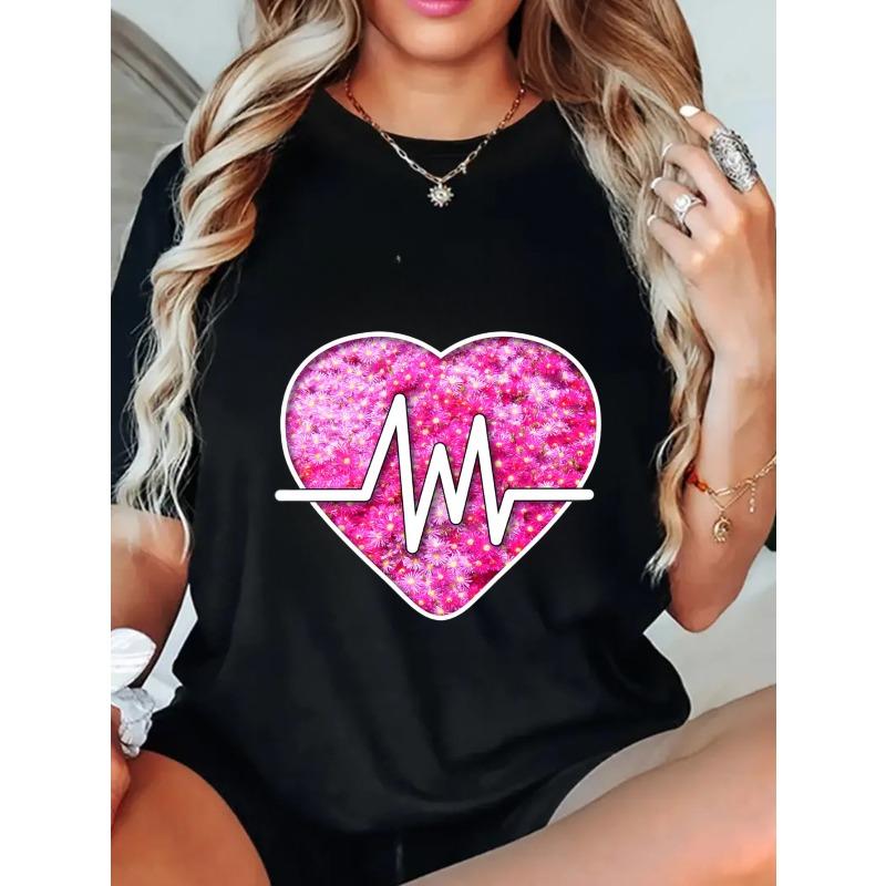 Black Oversized T Shirt With Pink Glitter Heart And Pulse Line Print For Casual Wear