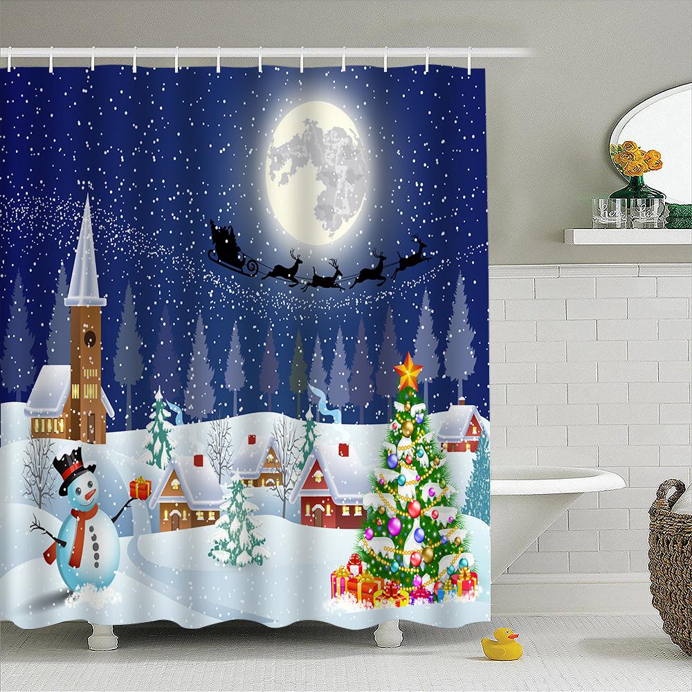 1Pc Waterproof Shower Curtain With Hooks Christmas Snow Scene Bathtub Curtain Soft Floor Rugs Non-Slip Bath Mat Bathroom Decor