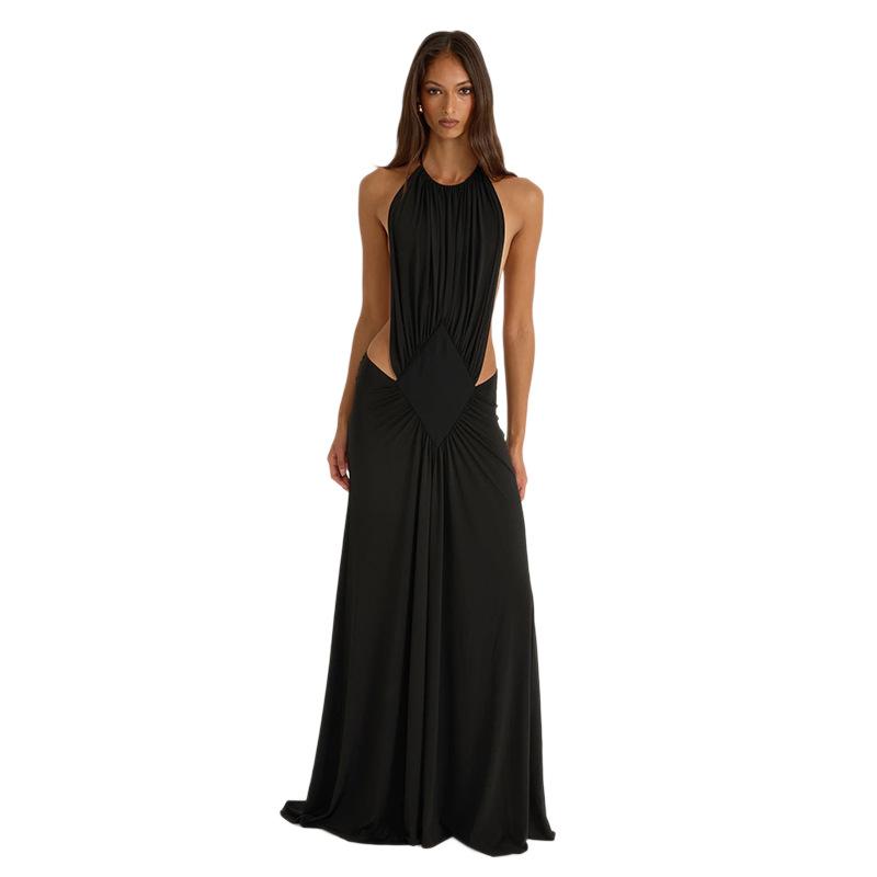 Summer new European and American women's clothing solid color sleeveless slim neck strap sexy backless dress women